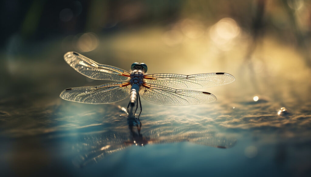 Vibrant dragonfly wing reflects in tranquil pond generated by AI